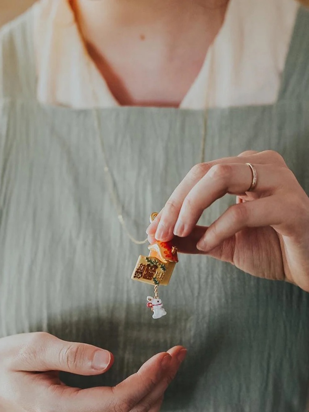 18K Gold Orange Mushroom House Cottagecore Pendant Locket Necklace - Picture 3 of 10